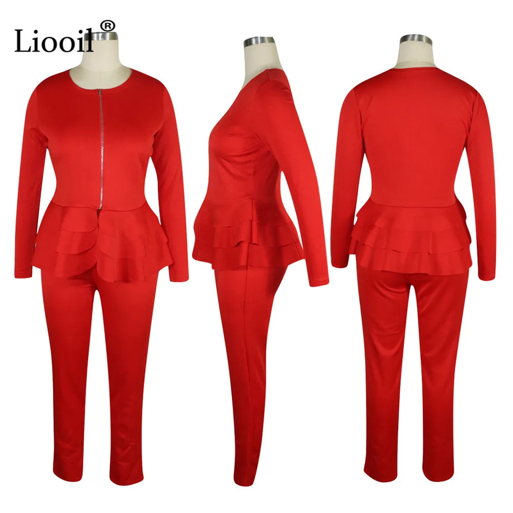 Liooil, черный, белый, комплект из двух предметов, с рюшами, вечерние, для клуба, наряд для женщин, Осень-зима, с длинным рукавом, на молнии, сексуальное пальто и брюки-карандаш