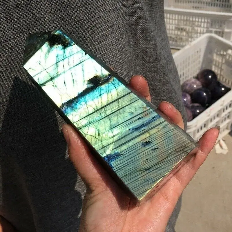 Large Natural Labradorite Obelisk Quartz Crystal Wand Point healing 6