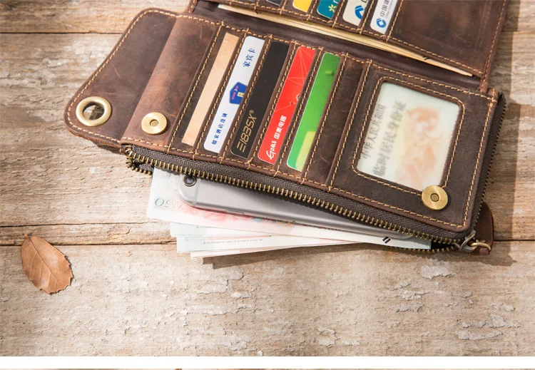 Handmade Cowhide Long Wallets Retro Made Old Multi-card Bag Men's Handbag Genuine Leather Large Capacity Zipper Purse Clutch Bag