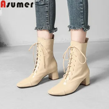 

ASUMER fashion autumn winter genuine leather boots women square toe lace up ankle boots square high heels shoes women boots