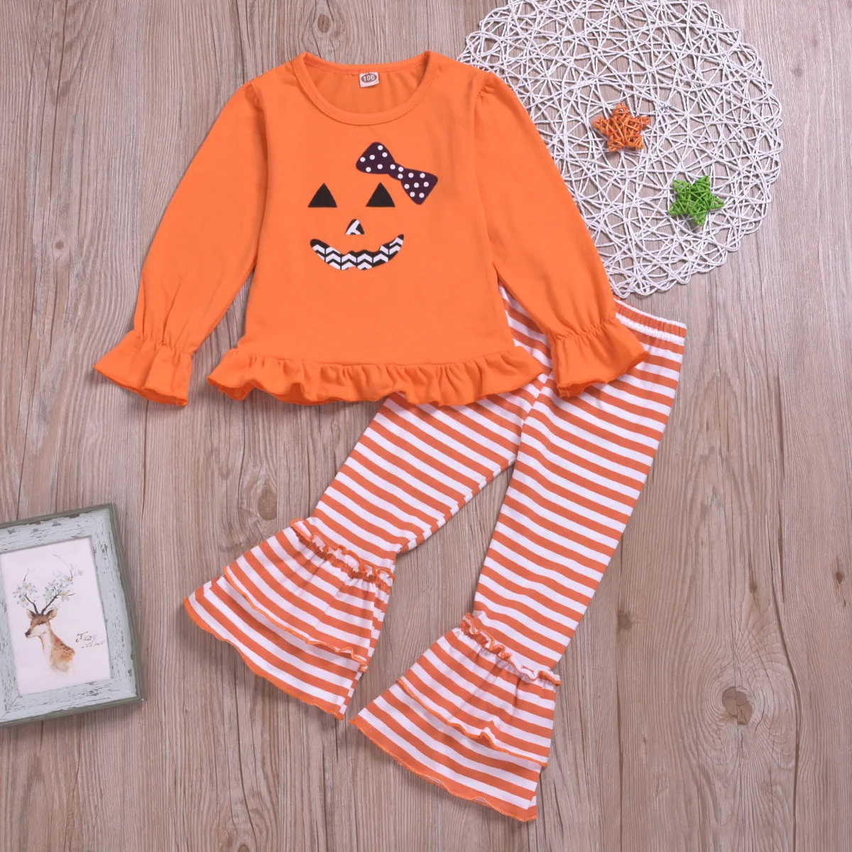 

Halloween Kids Clothing Sets Funny Print Top Striped Flared Pants Suits Halloween Cotton Baby Girls Cloths Sets