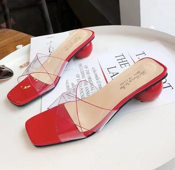 

2020 Fashion Women shoes mid Heels Slipper Sexy Peep Toe dress Party Shoes Woman Summer Slip on Beach Flip Flops shoes women