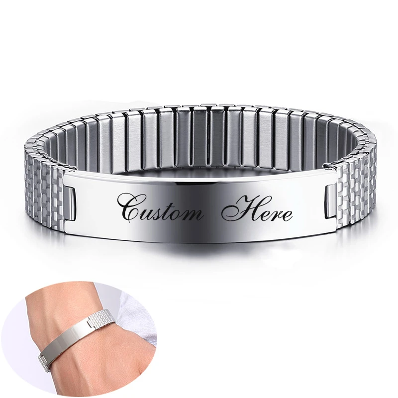 

Men Women Personalize Engrave Name Image Stretch Bracelet with Elastic Stainless Steel Band Custom Bangles Unisex Jewelry