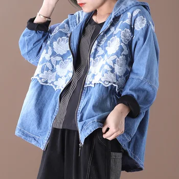 

Plus Size Embroidery Jean Jacket New Spring Autumn Women's Floral Patchwork Denim Jacket Hooded Student Basic Coats SA543S50