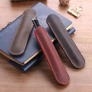 

Handmade Genuine Leather Pencil Bag Cowhide Fountain Pen Case Holder Vintage Retro Style Accessories for Travel Journal