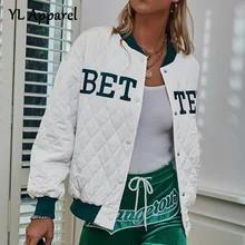 

Women's Winter Bomber Jacket Casual Streetwear Single Breasted White Letter Embroidery Quilted Varsity Coats Down Jackets 2022