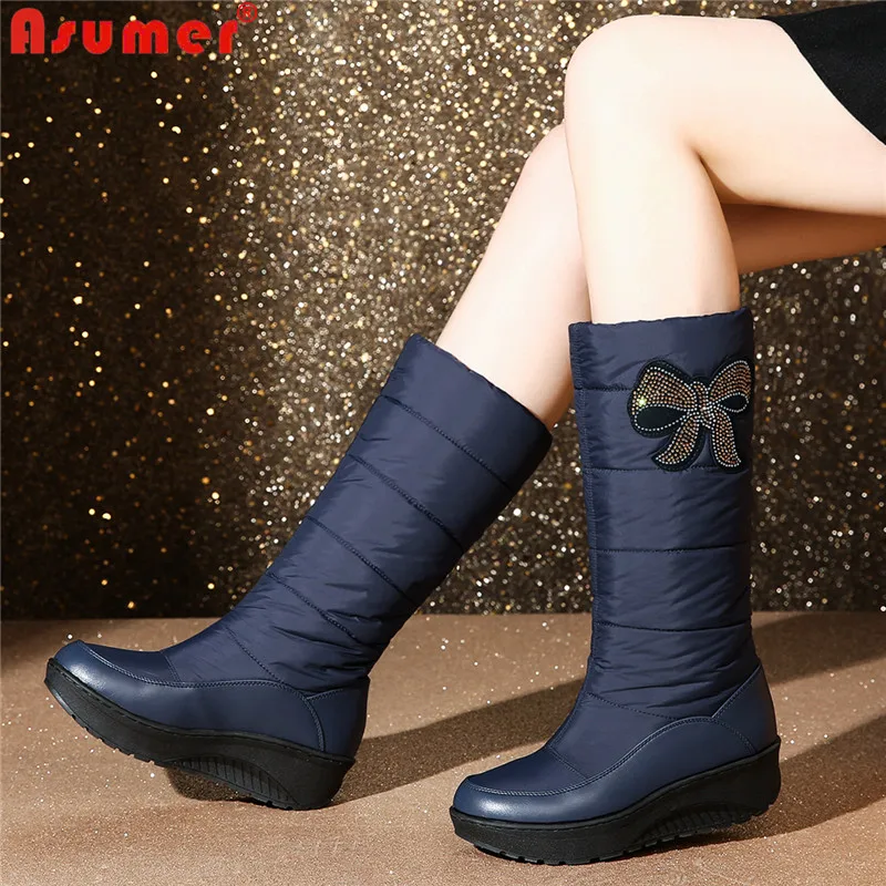 

ASUMER Big size 35-44 Rhinestone Bowtie Winter Snow boots women thick sole platform boots mid calf ladies fur boots cotton shoes