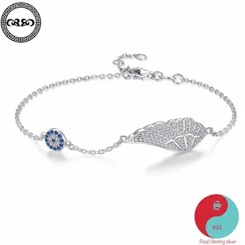 

Cute Real Pure 925 Sterling Silver Bracelet flying angel wings blue crystal evil eye bracelet women's Luck Fine Jewelry