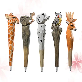 

5PCS Creative Adorable Carved Ballpoint Pen Writing Pen Wooden Pen for Gift Students Kids