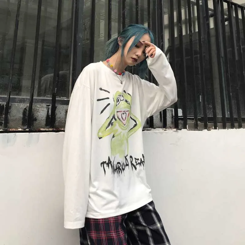 white-frog NiceMix Осенние футболки Harajuku в стиле хип-хоп с принтом лягушки, белые повседневные футболки с длинным рукавом и круглым вырезом, Женская/Мужская одежда, топы, футболки, женские забавные принты - Цвет: white-frog