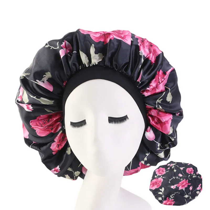 Large Print Satin Silky Bonnet Sleep Cap Width Elastic Band for Women Solid Color Head Wrap Lady Hair Accessories Wholesale