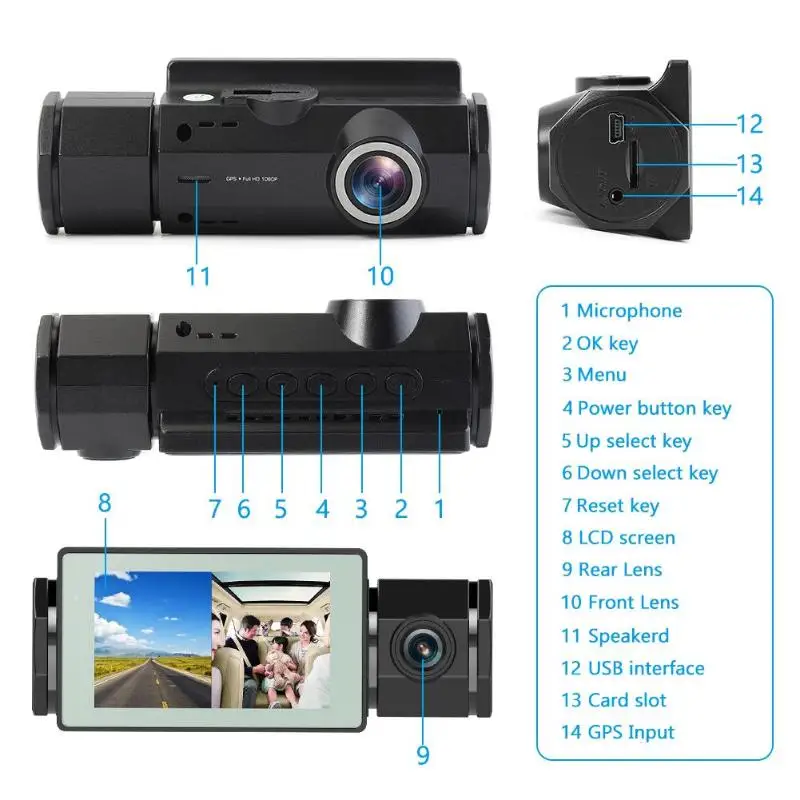 J1 HD 1080P бесшовная циклическая запись Автомобильный видеорегистратор Камера с двумя объективами gps трек ночное видение приборная панель камера селективная аудио запись