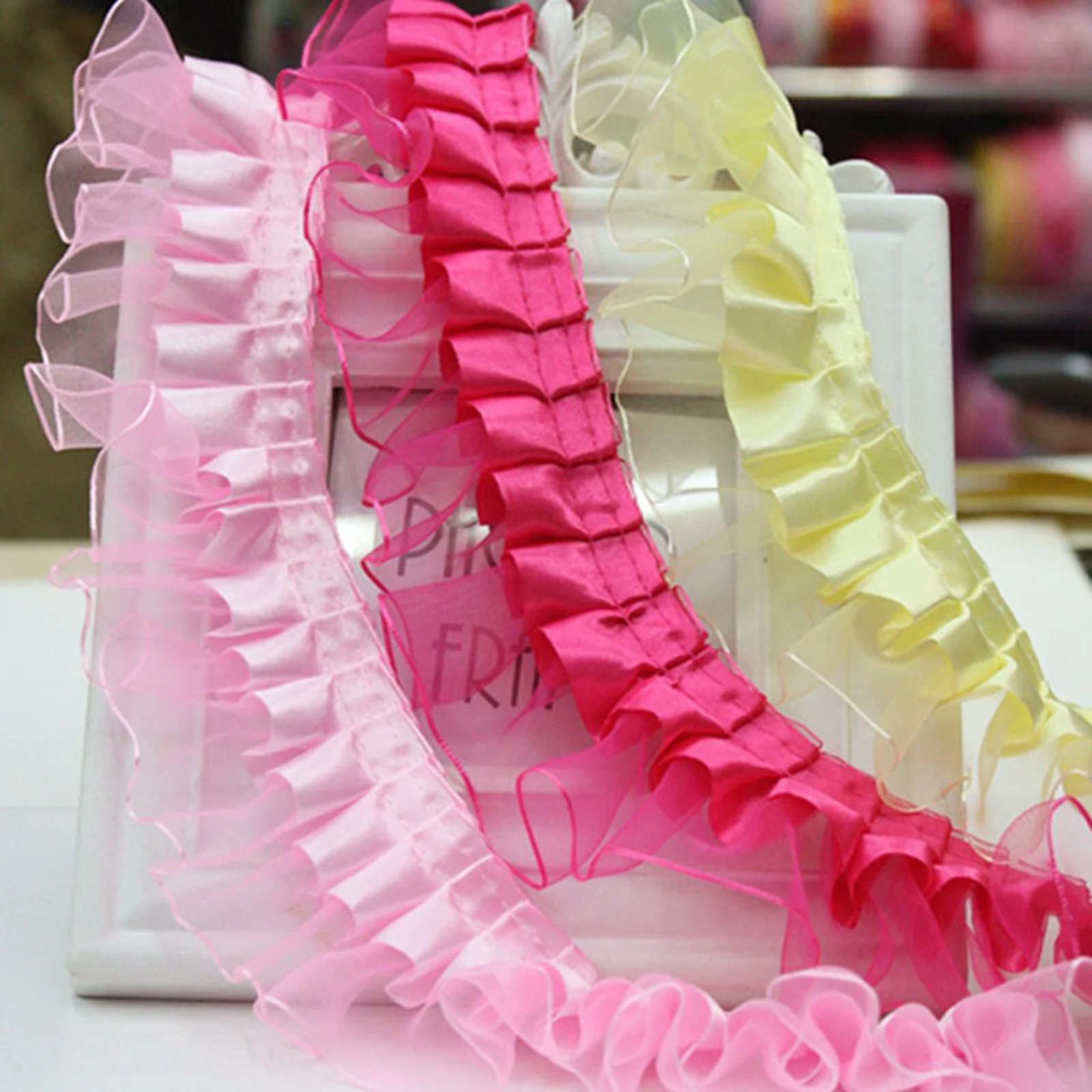 5.5 Yards (5 Meters) Double Layer Ruffle Unilateral Organza Tulle Satin Ribbon Trim 40mm 55mm Sewing Wedding Craft DIY