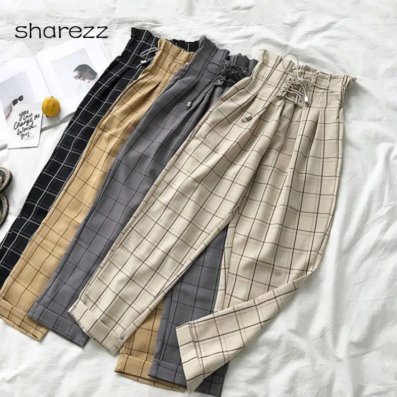 

2019 Spring Summer Casual High Vintage Waist Lace Up Ankle-length Pants Japanese Harajuku Women's Plaid Loose Harem Nine Pants