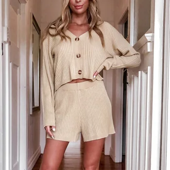 

Knitting Two Pieces Sets Women V-neck Long Sleeve Button Crop Tops And Elastic Shorts Suits Female Fashion Outfits Autumn Sets