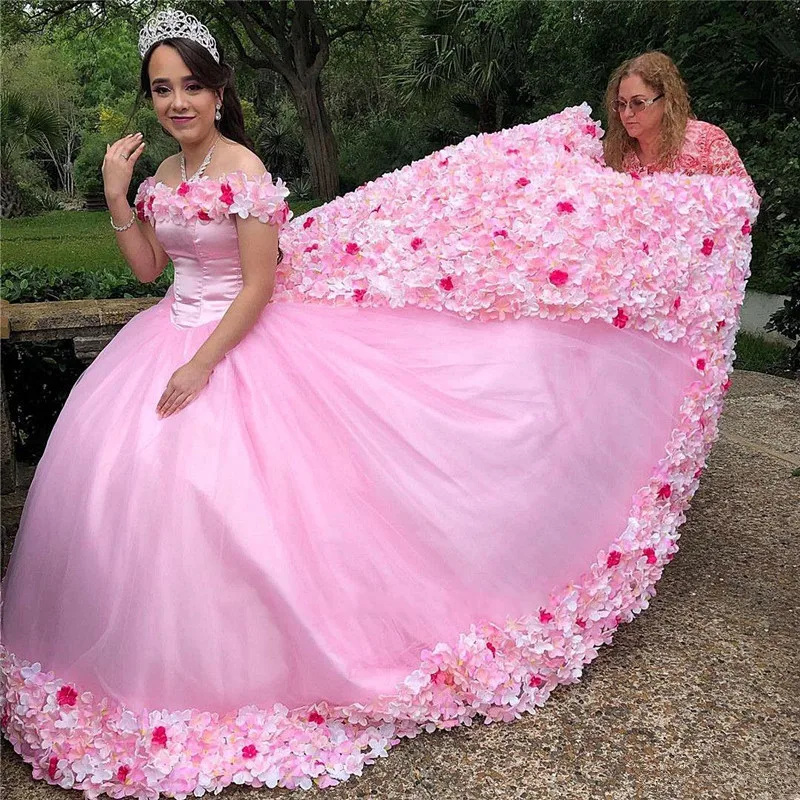 Precioso vestido de baile con apliques florales en 3D, vestido de  quinceañera rosa con cuello, hombros descubiertos, 15 unidades|Vestidos de  quinceañera| - AliExpress