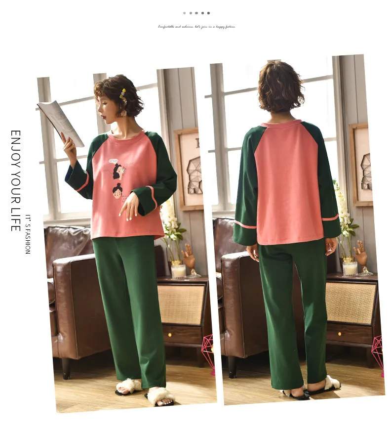 Loungewear женское хлопковое каваи белье больших размеров для девочек-студенток, спальные костюмы, штаны с длинными рукавами, модные женские пижамы в Корейском стиле