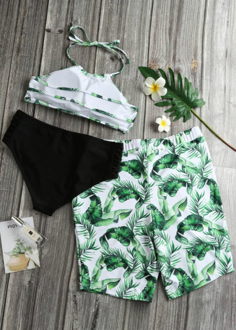 Парный купальный костюм для влюбленных пар, Женский комплект бикини с принтом листьев, купальный костюм, пляжные шорты, мужские плавки