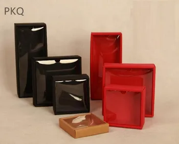 

11x11x2.5cm Red/Black Kraft Paper Box Brown Paper Packing Boxes with window Craft Gift Box Cardboard Carton Party Supplies 10pcs