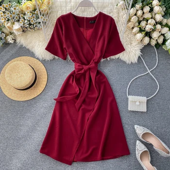 

2020 Spring Summer Women V-neck Sashes Short-sleeved Dress A-line Solid Ladies Casual Dress