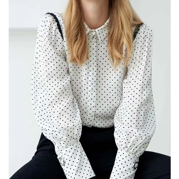 

Cosmicchic 2020 Women's Point White Shirt Long Lantern Sleeve Elegant Retro Lapel Lace Tops Single-breasted Blusas