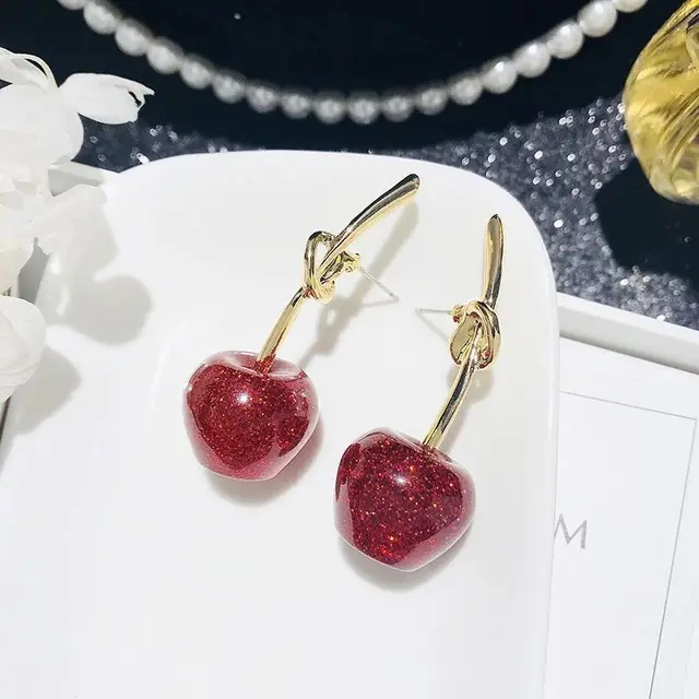 Fashion women Japanese soft sister sequins flashing red cherry earrings Sweet female joker golden cherry eardrop.jpg 640x640 - Fashion women Japanese soft sister sequins flashing red cherry earrings Sweet female joker golden cherry eardrop knot earrings