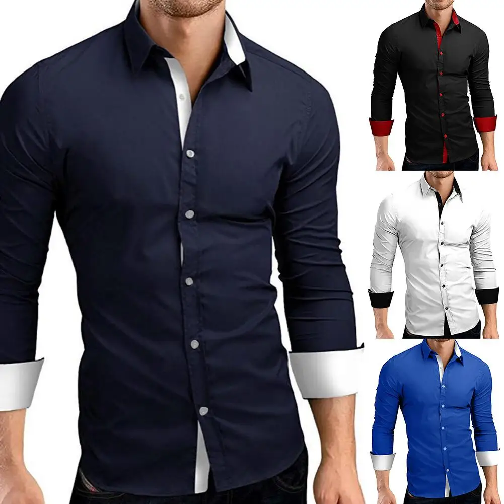 

New Business Men Color Block Buttons Turn Down Collar Long Sleeve Shirt Slim Fit Top