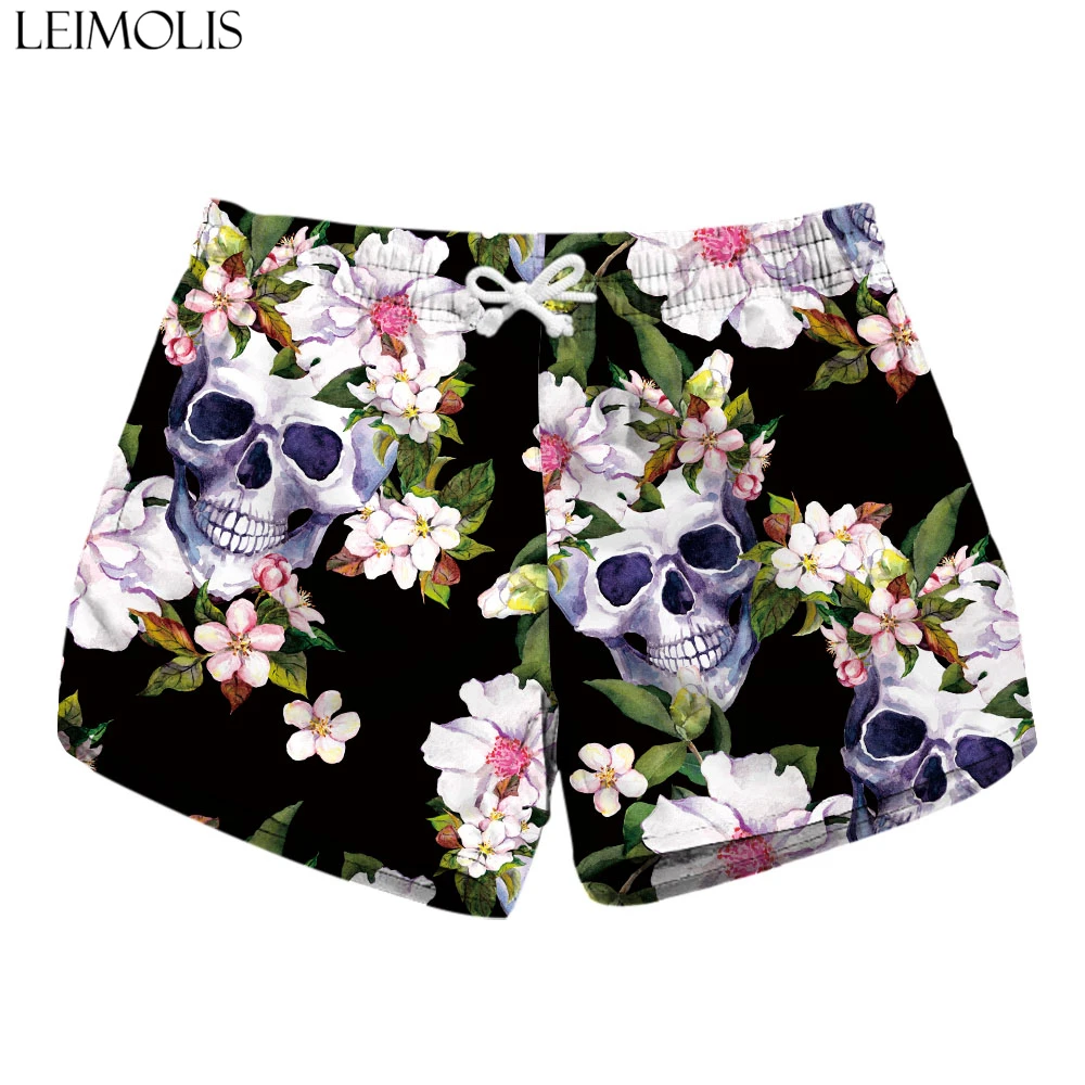 LEIMOLIS Flower Skull Black Gothic Print Summer Sexy Ladies Casual Bohemian Streetwear High Waist Shorts Women