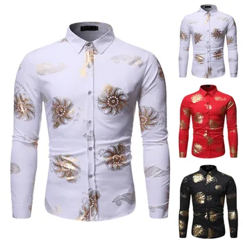 

Autumn Shirts Men's New Style Fashion Casual Personality Stamped Printed Long-Sleeved Blouse High Quality Shirt Freeship рубашка