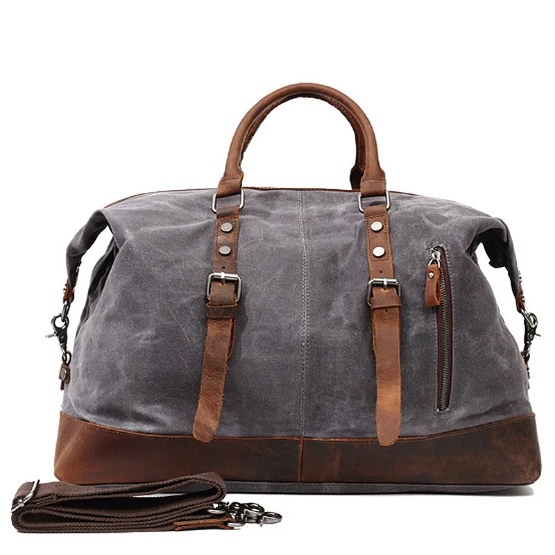 Серый Waterproof Canvas with Leather Big Travel Bags Vintage Military Duffle Handbag Carry on Traveling Large Luggage Tote Bag Weekend - Цвет: Серый
