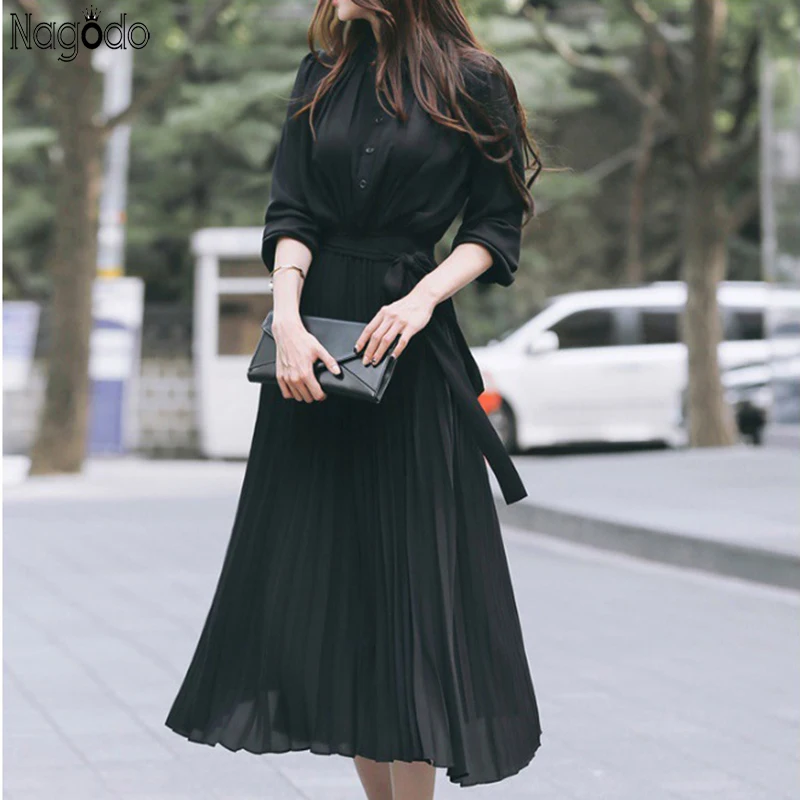 

Nagodo Summer Chiffon Dresses Women 2020 New Long Sleeve Pleated Dress Plus Size Slim A-line Maxi Dress Vestidos Robe Femme