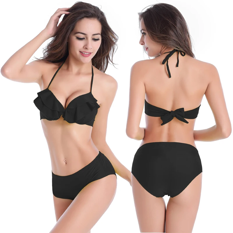 

New s Feminine Flounced Top Underwire Cup Bikini Beachwear Vintage High Waist Sexy Girls Black Bikini 04#