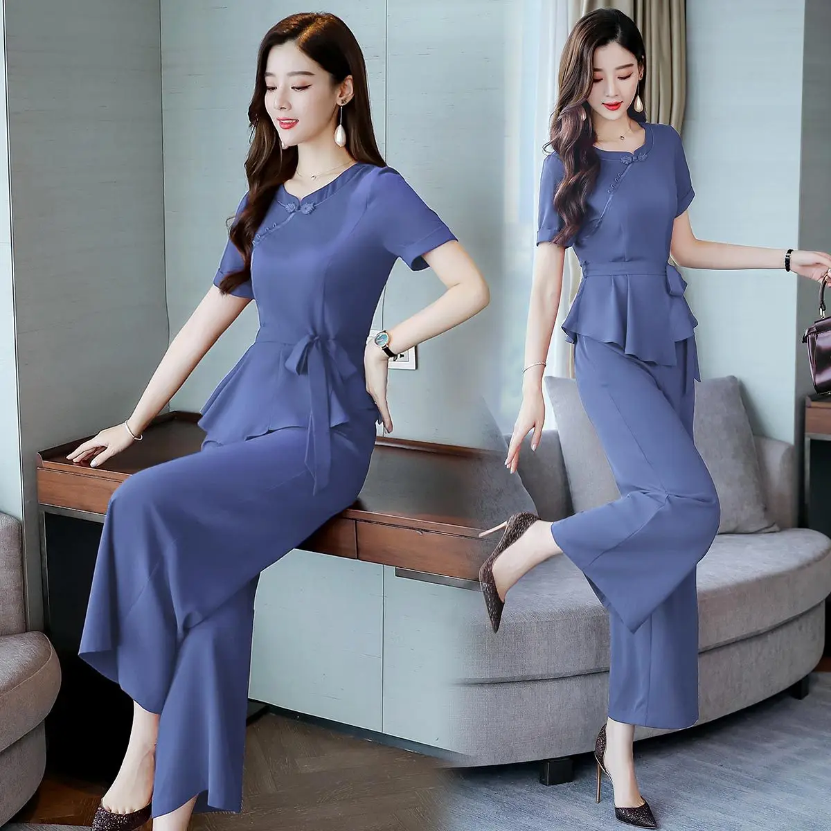 

Summer New Style 2019 WOMEN'S Suit Complex Classical Fashion Elegant Lace-up Loose Pants Two-Piece Set
