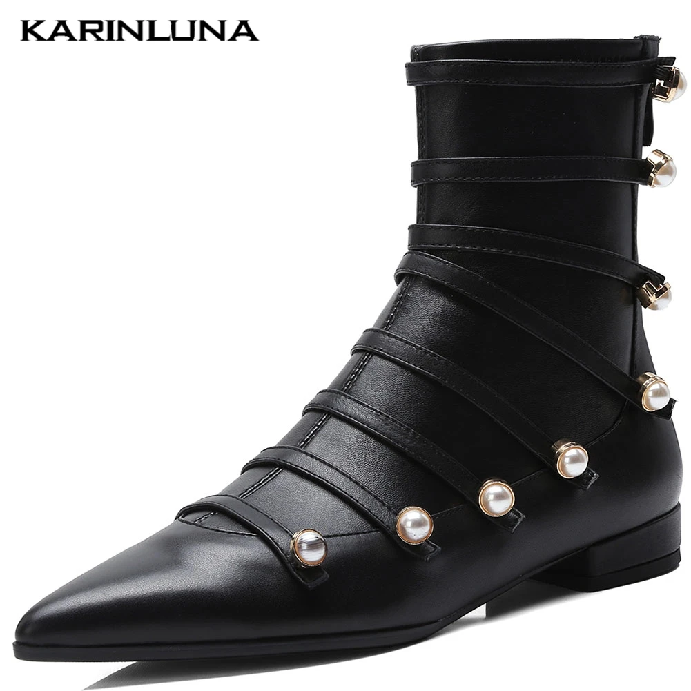 

Karinluna Brand New Design 2020 Genuine Cow Leather Pointed Toe Ankle Boots Woman Shoes Zipper Pearl INS Shoes Women Boots