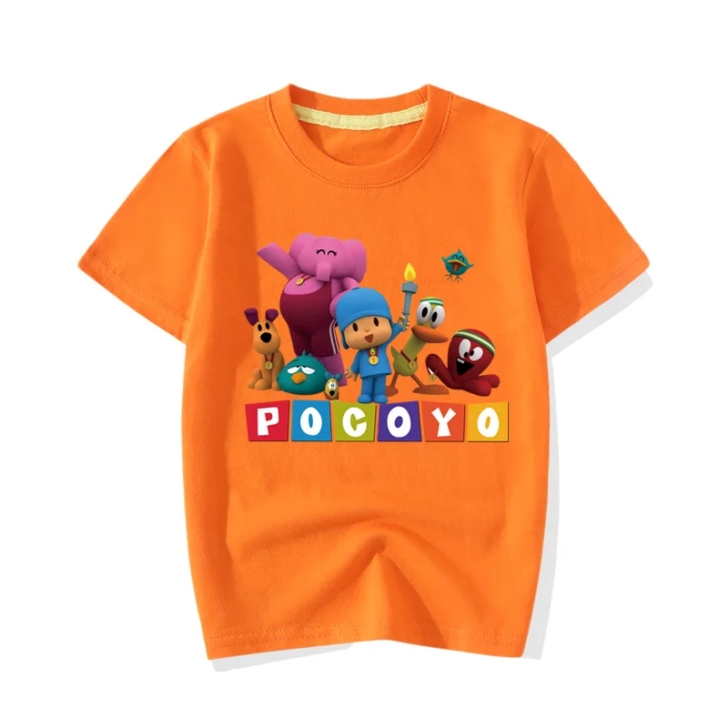 Orange T-shirt Детские летние футболки с коротким рукавом, мультфильм покойо, одежда с принтом, хлопковые футболки для маленьких мальчиков и девочек, детская футболка, Топ JY080 - Цвет: Orange T-shirt
