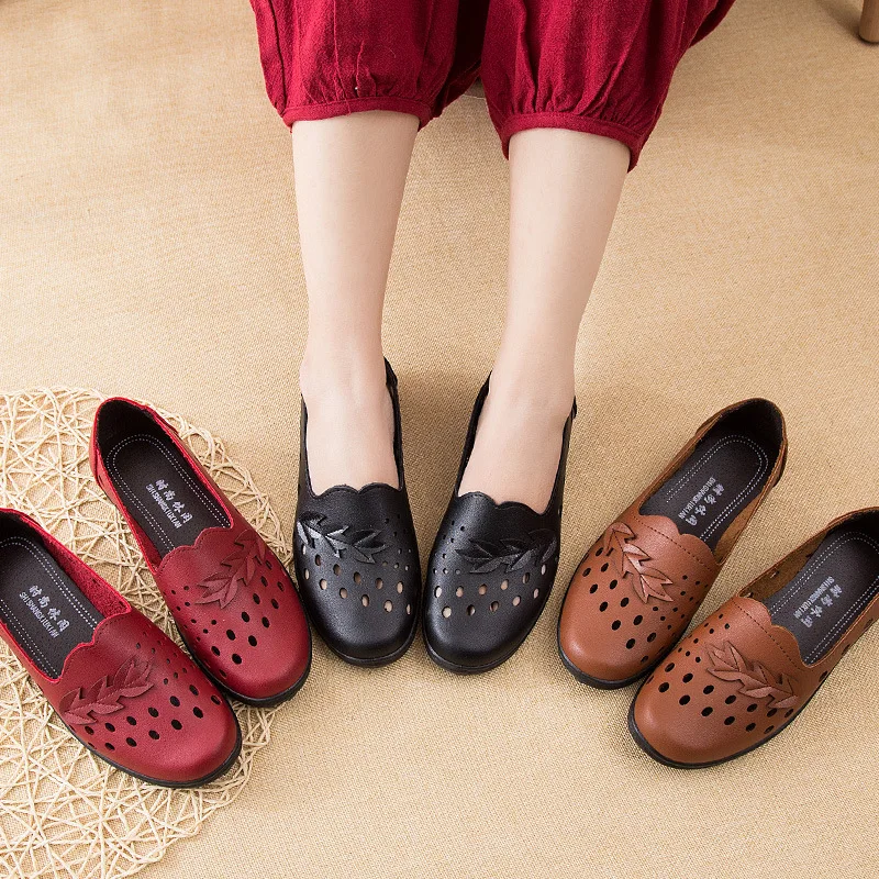 Zapatos de cuero suave para mujer, zapatillas planas informales antideslizantes, transpirables de fondo suave para caminar, Primavera