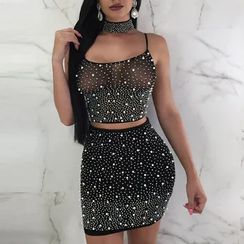 

Women Fashion Clothes Solid Color Sequin Mesh Sleeveless Vest Crop Tops Bodycon Skirts Three-piece Party Club Outfits Set#g3