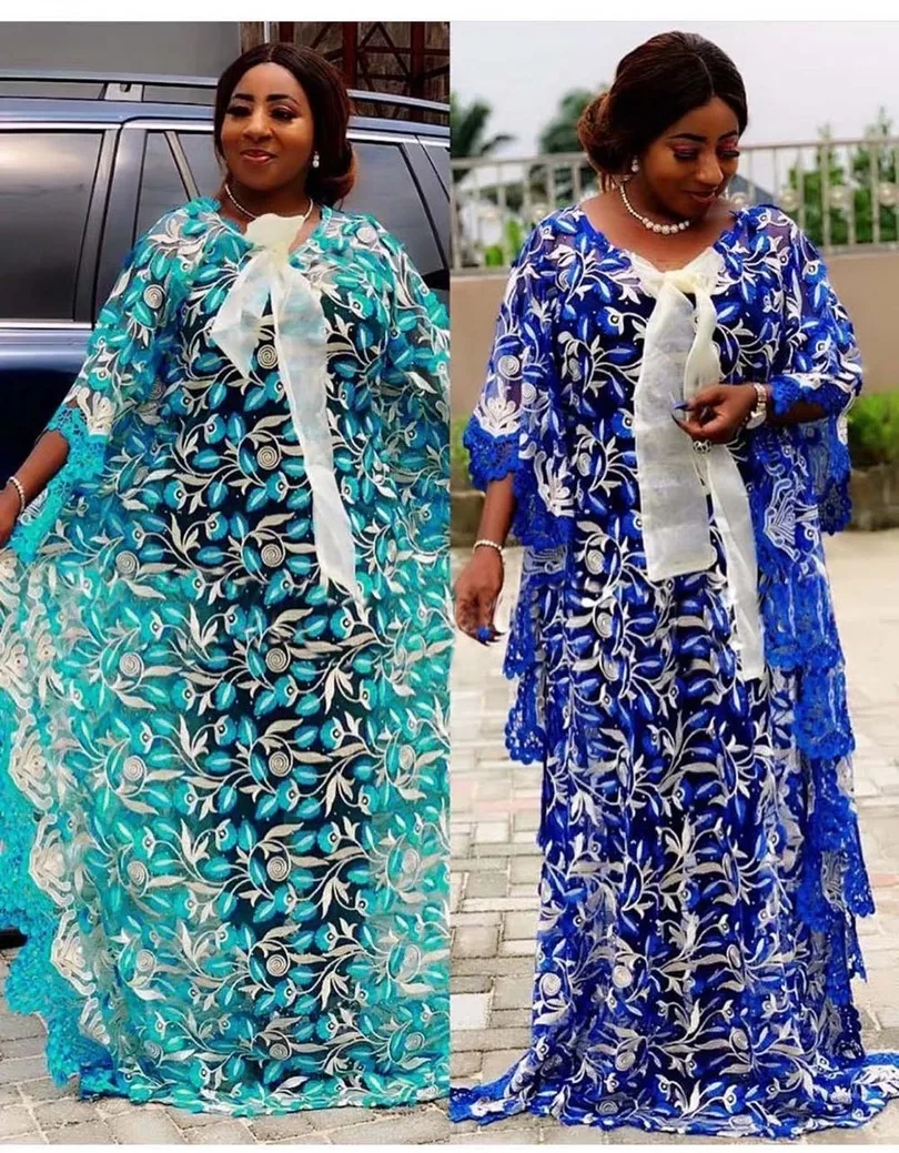 

African Dresses for Women Plus Size African Clothes Dashiki Lace Embroidery Flower Robe Boubou Africain Clothing Africa Dress