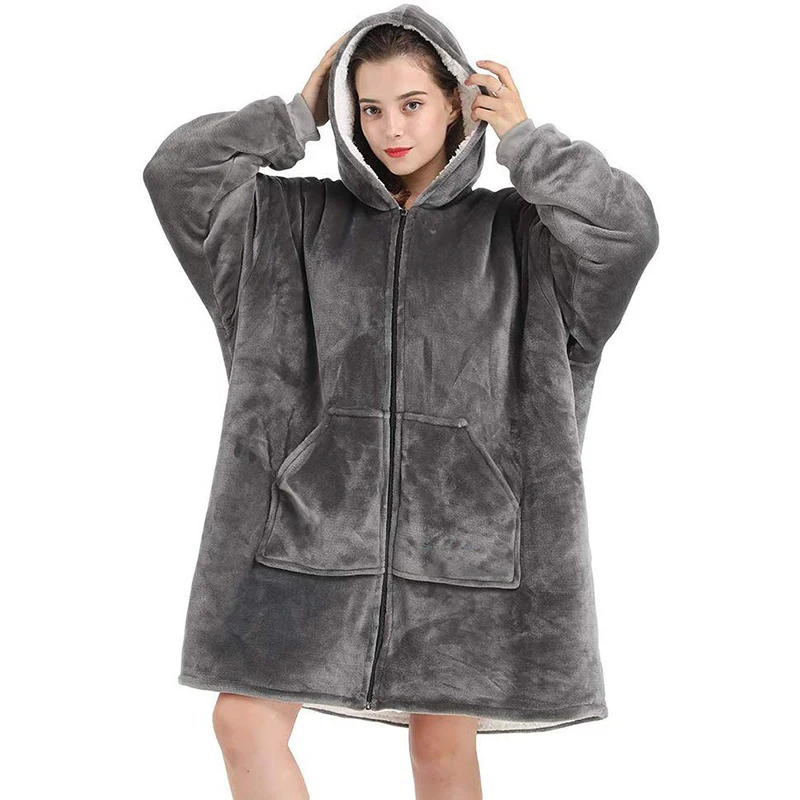 Winter Thick Comfy Tv Blanket With Zipper Sweatshirt Solid Warm Hooded