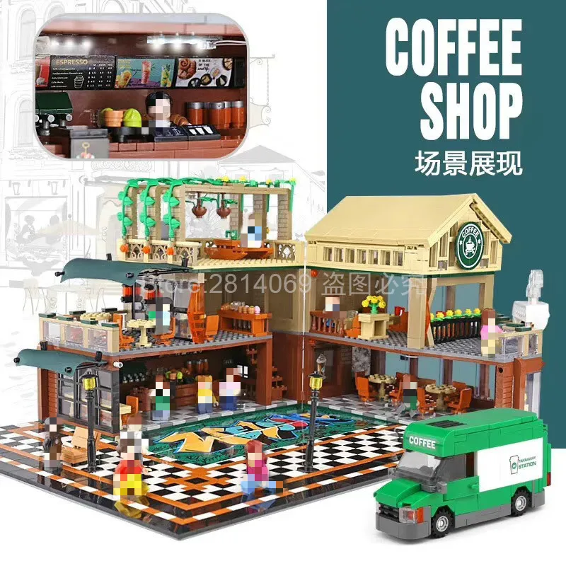 

In Stock 601093 Casual Coffee House Idea City Street View with LED light 2095Pcs Moc Building Blocks Bricks Classic Kids Toys