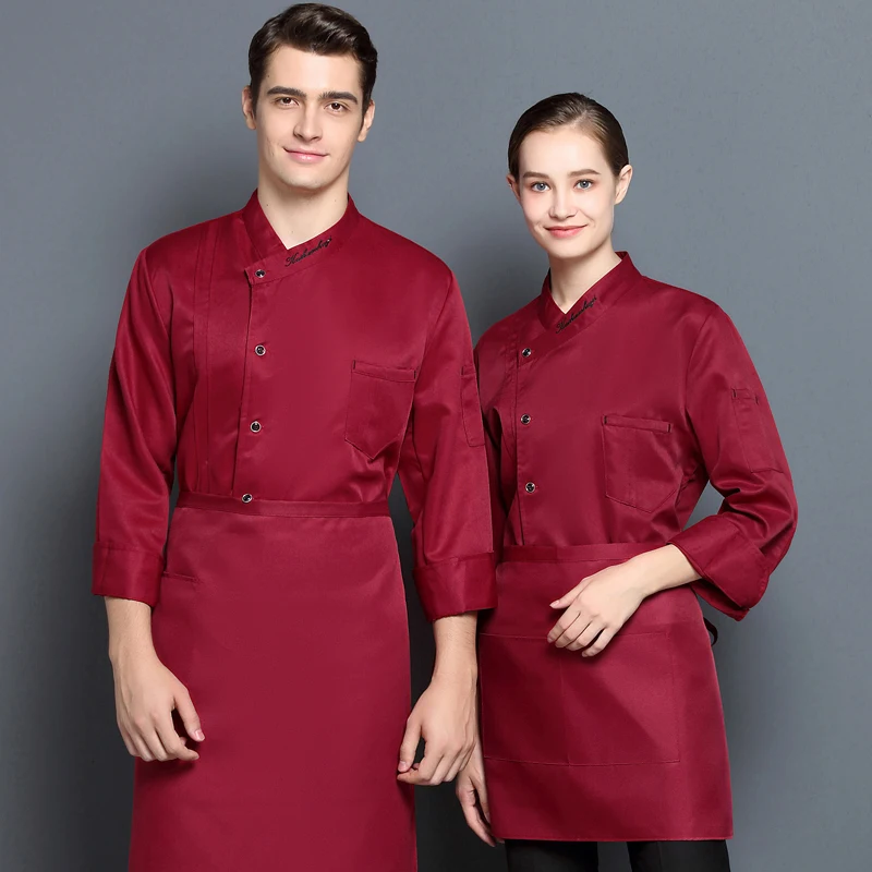 Unisex Casual Soft Chef Jackets Short Sleeve Stand Collar Double Breasted Kitchen Catering Restaurant Long sleeve Work Uniform - Цвет: long sleeve RED