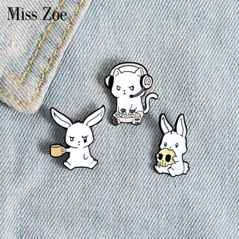 

Rabbits Enamel Pin Custom Brooches Bunny Playing Game Skull Coffee Badge for Bag Lapel Pin Buckle Animal Jewelry Gift for Friend