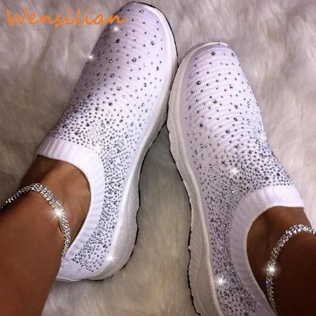 US $9.28 Women White Glitter Sock Sneakers Fashion Bling Casual Vulcanized Flat Shoes Trainers Female Loafer
