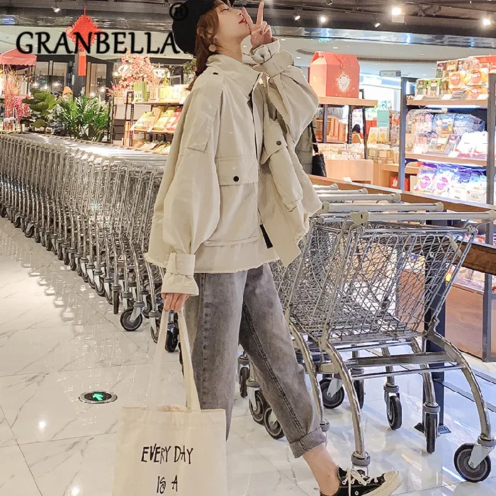 

Korean Style Loose Popular Port Workwear Coat BF Spring Autumn Casual Coats Harajuku Long Sleeve Warm Trench Coat With Pockets