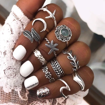 

11pcs/set Bohemian Vintage Midi Rings Set Women Antique Silver Color Alloy Starfish Plane Leaf Flower Finger Joint Ring