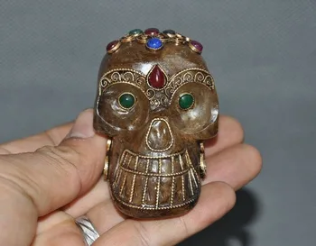 

wedding decoration Tibetan natural crystal silver Filigree Inlay lapis lazuli gem Skull head statue