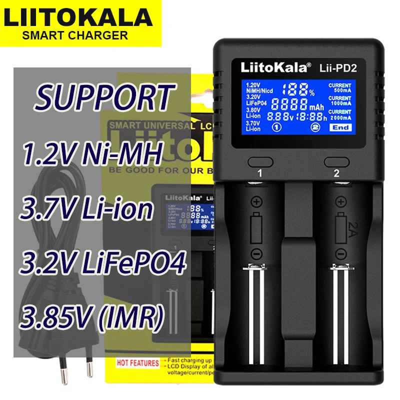LiitokalaLii-PD2 Lii-PD4 18650 3.7V Li-ion charger 1.2V NiMH 3.2V LiFePO4 21700 18350 18500 AAA 3.85V cargador 26650 battery | Электроника