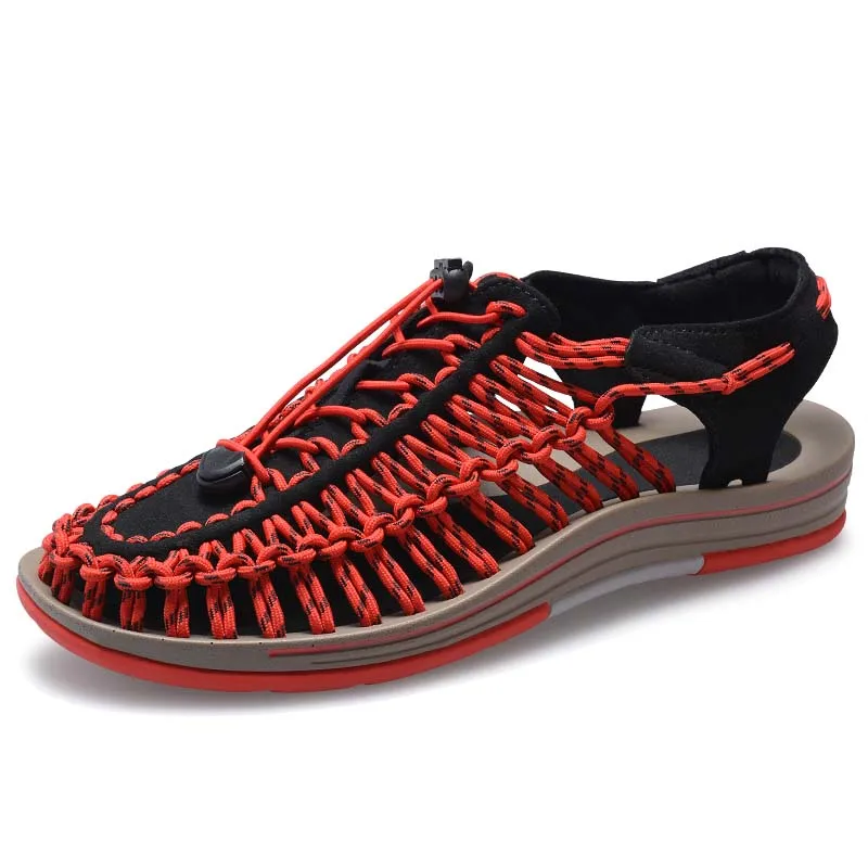 Male Handmade Weave Seaside Beach Man Elastic Sandals Summer Sandals Men Shoes Design Bohemia Sandals Comfortable Casual Shoes - Цвет: Красный