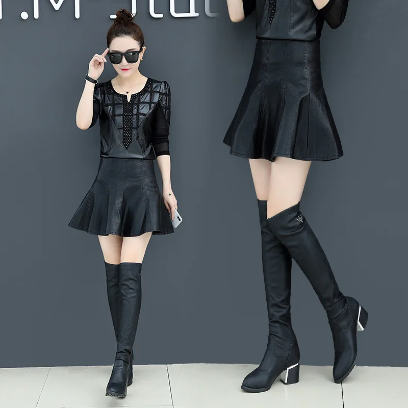 Осенне-зимняя женская деловая плиссированная короткая юбка из искусственной кожи, короткая кожаная юбка, женская одежда