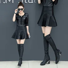 Осенне-зимняя женская деловая плиссированная короткая юбка из искусственной кожи, короткая кожаная юбка, женская одежда